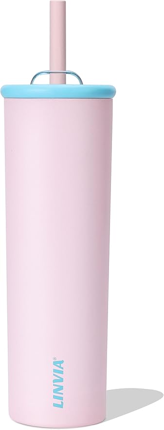 Candy Tumbler, 25 oz Kids Insulated Stainless Steel Water Bottle with Spill Resistant Silicone-Metal Straw and 2-in-1 Lid, BPA-Free, Cup Holder Friendly, Dishwasher Safe, Pastel Pink