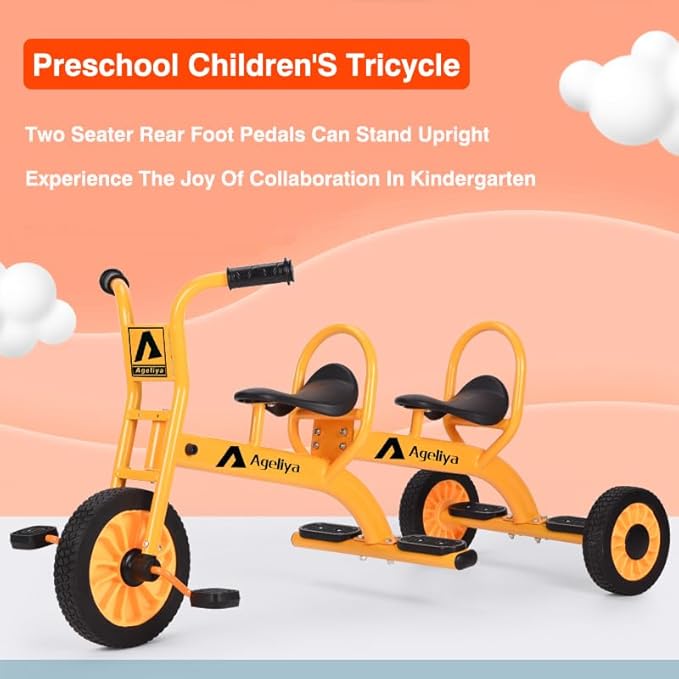 Kids Tandem Tricycles for 3-5 Year olds, Preschool Pedal Trike for Group Yard Play, Sturdy Metal Frame,Solid Rubber Tires, Ideal for Outdoor Daycare Playground Kindergarten Joyride