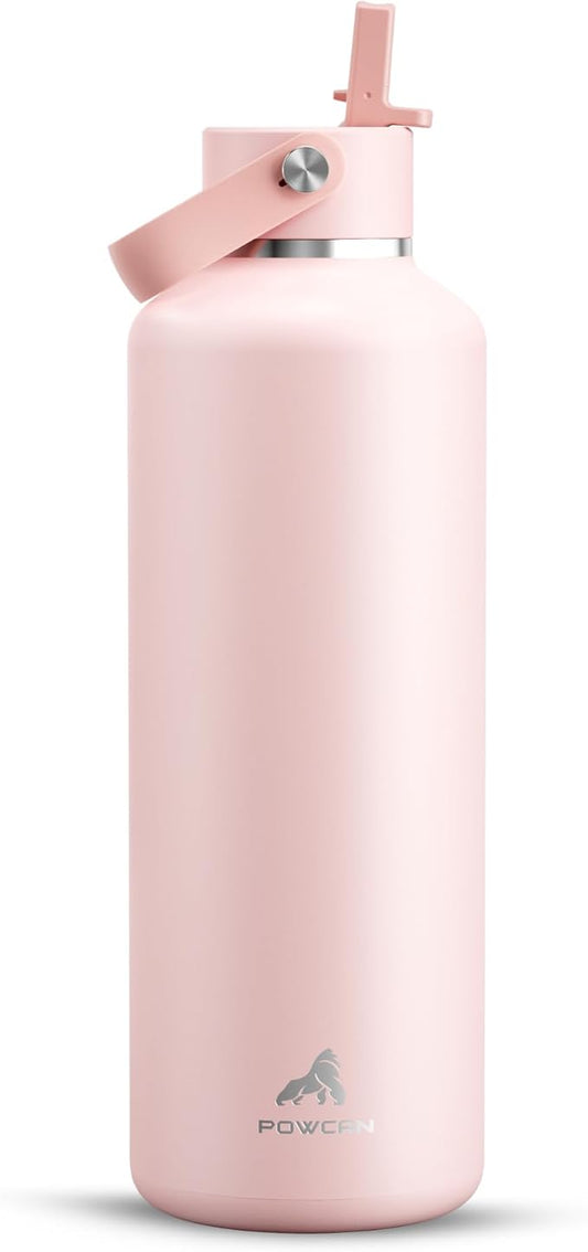 POWCAN 32 oz Insulated Water Bottle: Leakproof, Lid with Flip Straw, Cold for 24H, BPA-Free, Metal Water Bottle with Handle for Travel, Gym, Fitness, Hiking, Birthday Gift for Women (Cotton Candy)