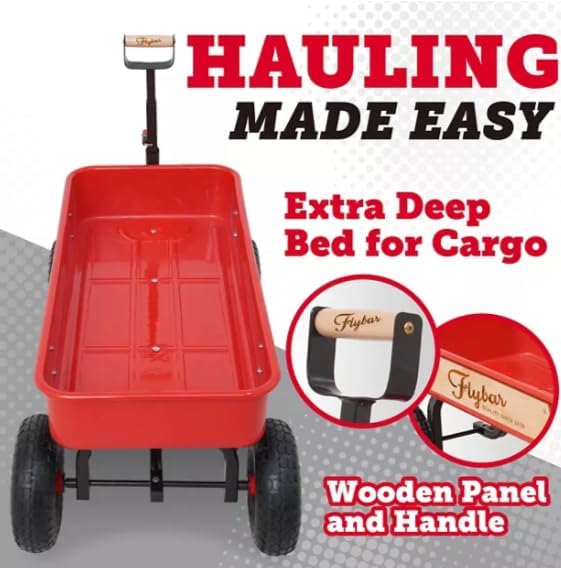 Flybar Classic Wagon for Kids, Toddler - Quad Steering System, Easy Assembly, Adjustable, Folding Handle, Rust Resistance, Durable 10 inch Air-Filled Tires, Extra Deep Beach Cart, Up to 165 lbs,3+ Red