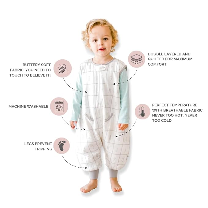 Tealbee Dreamsuit Toddler Sleep Sack with Feet – Walker Sleep Bag with Legs, Rayon made from Bamboo, All Season 1.2 TOG, 2-Way Zipper, 12m-2T - Alphabet