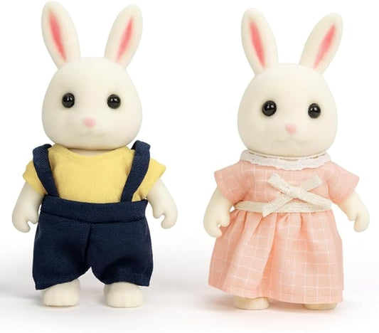 Family Cream Rabbit Figures — Set of 2 Collectible Flocked Mini Dolls with Removable Clothes, Miniature Dollhouse Pretend Play Figures for Kids Ages 3+