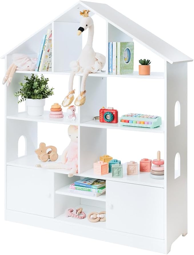 Kids Bookshelf and Toy Storage - 4-Tier White Wooden Children's Bookcase for Kids, Toddler, Nursery, Playing Room - Modern, Contemporary Style - Space Saving - Wall Mounted