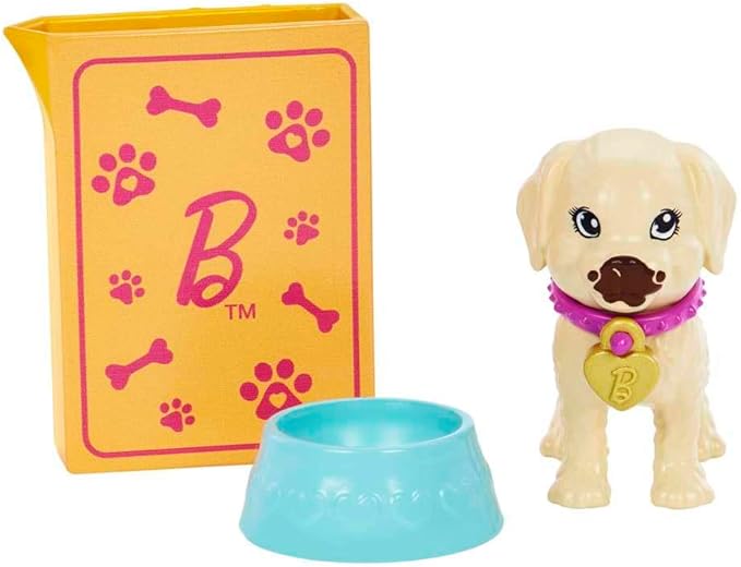 Barbie Pup Adoption Doll & Accessories Set with Color-Change, 2 Pets, Carrier & 10 Accessories, Brunette in Purple Dress