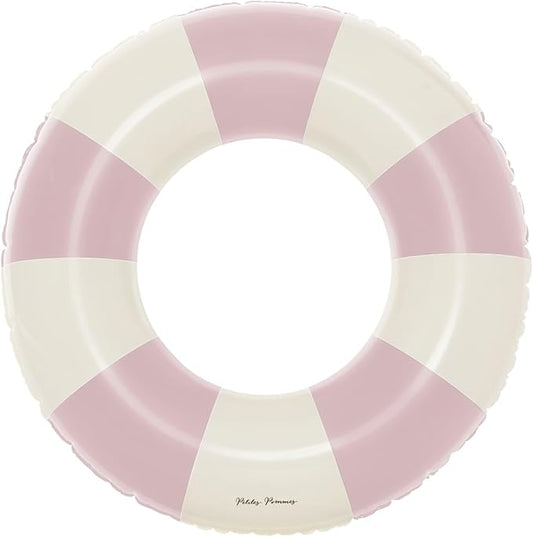 Petites-Pommes Donut Pool Float for Kids & Toddlers - Durable Inner Tube, Handprinted Classic Striped Design Swimming Tube, Soft Comfort Seaming, Packable Floats for Travel, Baby Pink, 24 inch