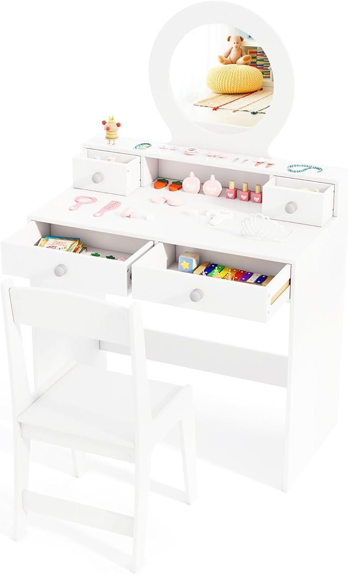 HONEY JOY Kids Vanity, Little Girls Vanity Set with Mirror and Stool, Drawers, Toddler Makeup Vanity Dressing Table, Wooden Pretend Play Kids Vanity Table and Chair Set (White)