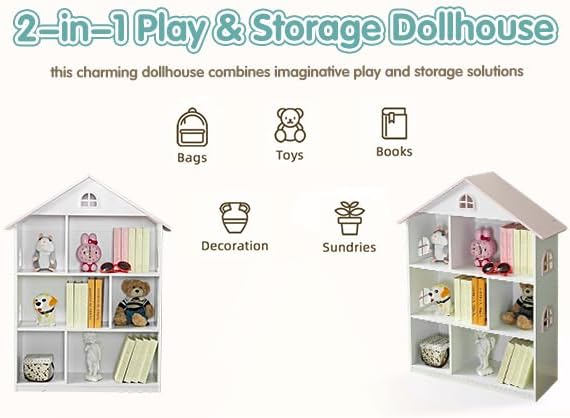 Wooden Dollhouse Bookshelf 4-Tier Kids Bookcase, Toy Storage Organizer & Playhouse with 6 Compartments for Girls Boys, Pink and White Room Furniture for Bedroom Playroom