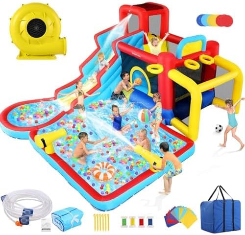 AKEYDIY Inflatable Water Slide Bounce House 13 in 1 Waterfall Waves Mega Water Slides Park |Large Water Bounce House,Splash &Blast Bouncer,Ball Toss,Soccer Gate,Water Inflatables for Kids Backyard
