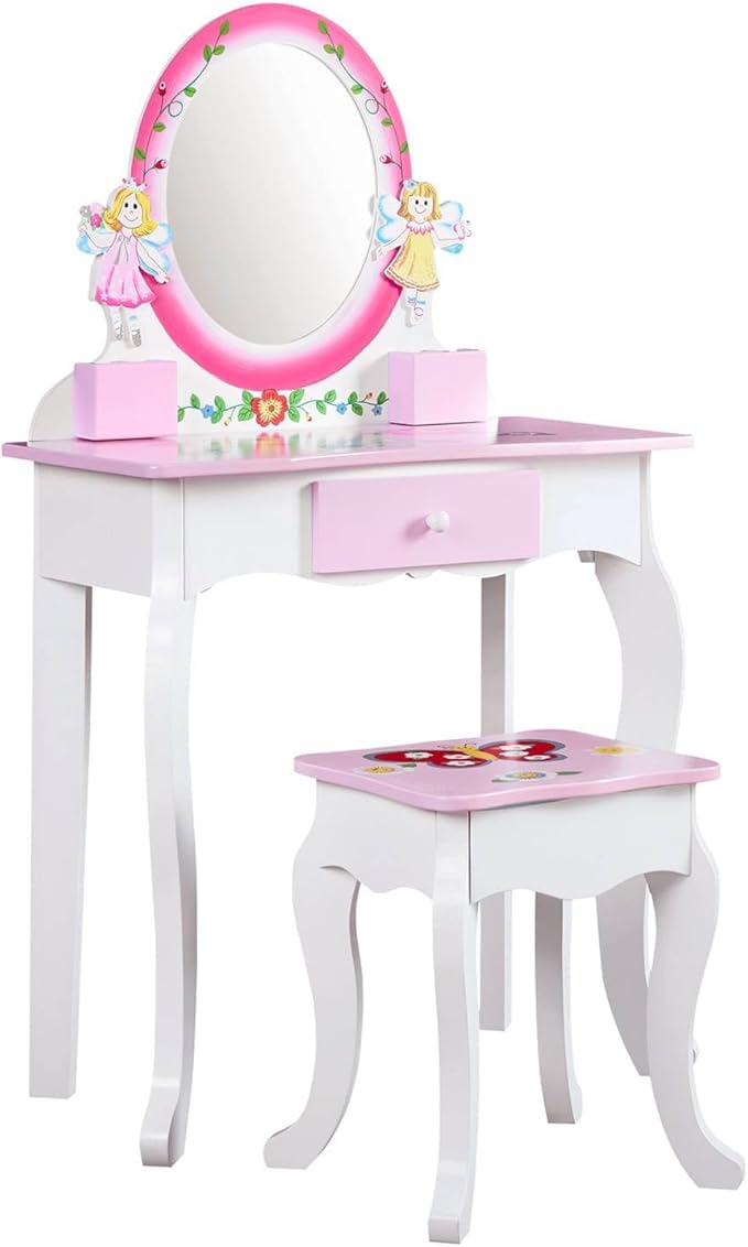Wooden Vanity Set for Kids with Mirror and Stool, Flower & Butterfly-Themed Makeup Dressing Table and Chair for Girls, with Pull-Out Drawer and Jewelry Boxes