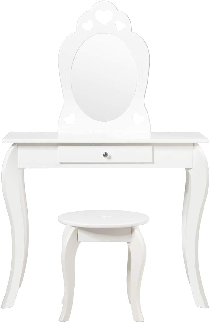 HONEY JOY Kids Vanity Set with Mirror, Toddler Wooden Vanity Table with Stool & Drawer, Removable Top, Princess Pretend Play Beauty Makeup Dressing Table Playset for Little Girls(White)