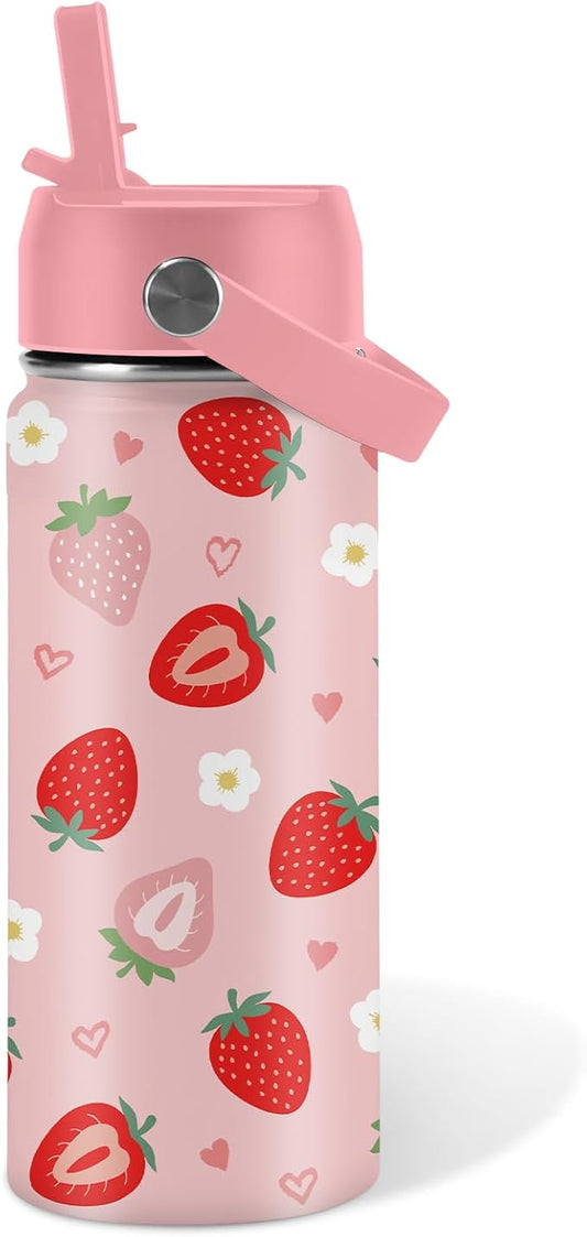 16oz Insulated Water Bottle with Handle & Flip Straw Strawberry-Themed Tumbler, Stainless Steel Heart-Shape Themed Mugs, Gifts for Girls Coworkers, Friend, Travel Cup