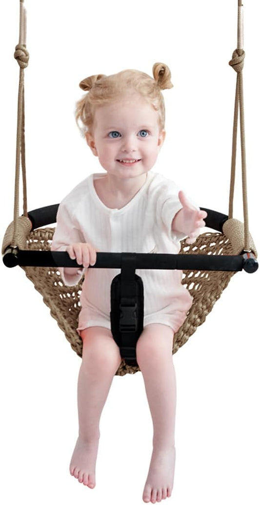 2 -in- 1 Toddler Swing. Swing Seat for Kids with Adjustable Ropes, for Kids Heavy Duty Rope Play Secure Children Swings Set, for Outdoor Indoor, Backyard. Upgrade Product (Light Brown)