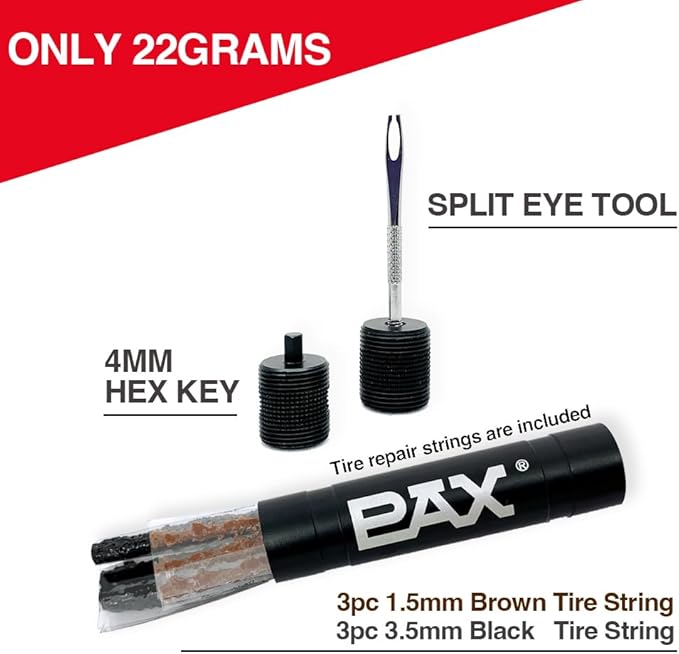 PAX Black Mountain Bike Tubeless Tire Repair Plug Kit, Xmas Gift for Biker, Plus 4mm Hex Key for Emergency Bicycle Repair Kit, Fix Road Bicycle Tire Flat Punctures