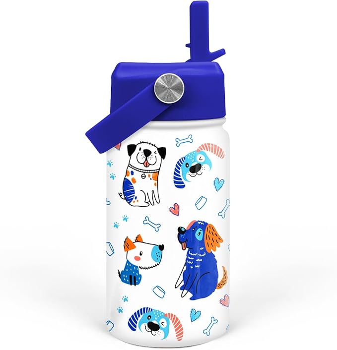 Dog Water Bottle - Kids Water Bottle with Straw Lid - 12 Oz Insulated Stainless Steel Water Bottles for Kid Boys - Travel Cup for School Sports