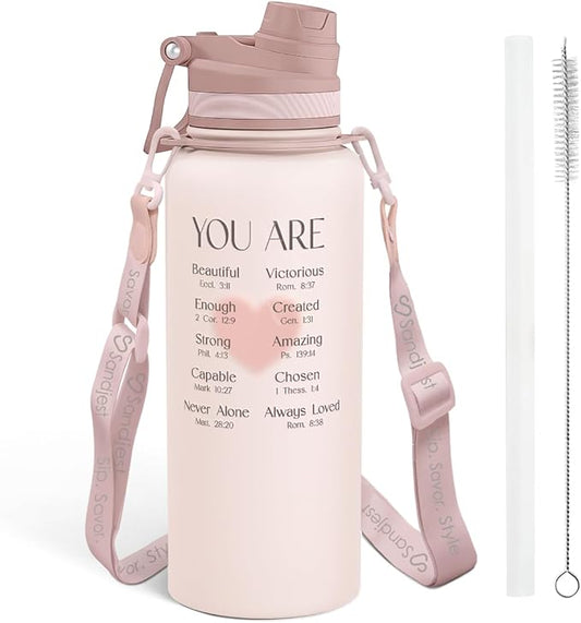 Christian Stainless Steel Water Bottle with Strap 32oz, Insulated Bottles with Straw and Spout Lid for Gym Sports Travel Outdoor, Gifts for Women Girls Birthday Christmas