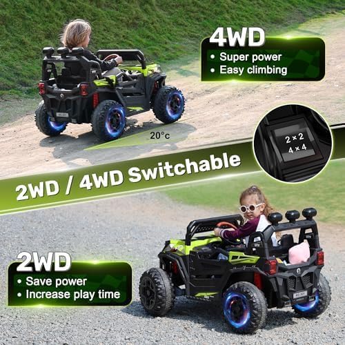 ANPABO 24V Ride on Toys for Big Kids w/Remote Control, 4X75W Motors, Max 4.5MPH, 4WD/2WD Switchable, 4 Shock Absorbers, 19" Spacious Seat, Bluetooth, Electric Car for Kids(Bright Green)