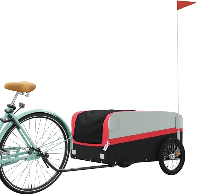 Bike Trailer Bicycle Cargo Trailer, Bike Wagon Trailer, Bike Cart with Safety Flag, Black and Red 99.2 lb Iron, 53.9"x27.2"x23.2"