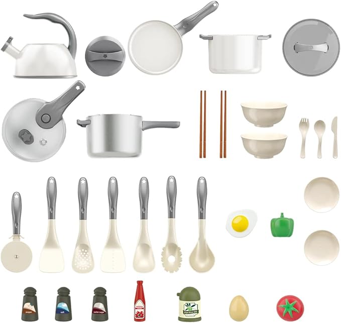 Bruvoalon 32Pcs Kids Play Kitchen Toys Set, Toddlers Pretend Cooking Playset Acccessories with Pots Pans, Utensils Cookware, Foods, Canned Veges, Learning Gift for Kids Girls Boys (White)