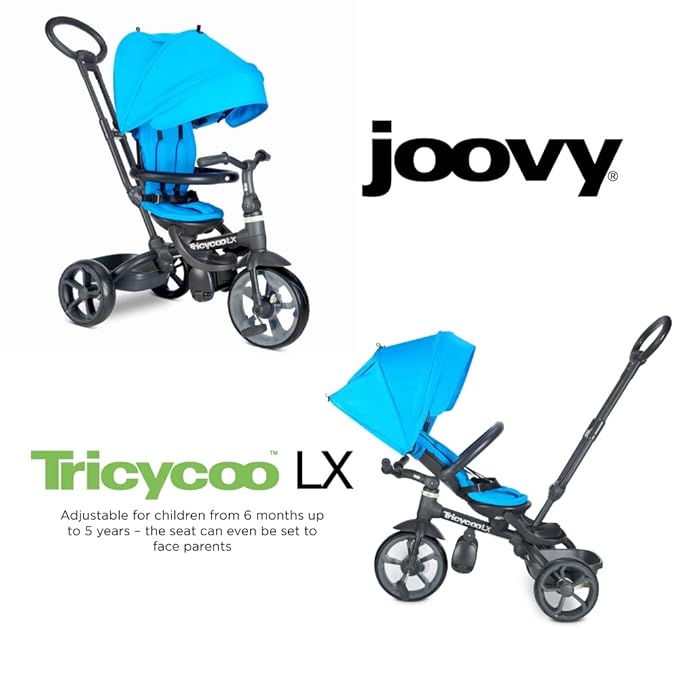 Joovy Tricycoo LX Premium Kids Tricycle with 8 Stages Featuring Chunky Front Tire, Removable and Adjustable Parent Handle, Safety Harness, Machine-Washable Seat Pad, and Retractable Canopy, Glacier