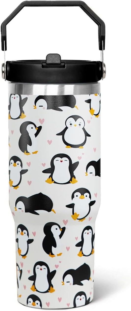 30oz Penguin Flip Tumbler Coffee Travel Mug Cup Water Botter, with Handle lid and Straw,Fall Gifts for Women,Penguin Stuff Decor Accessories