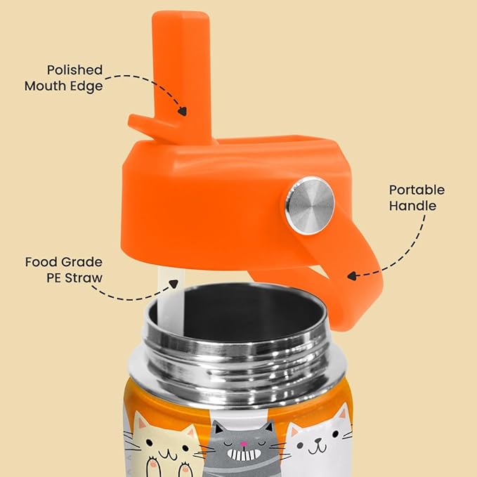 Cat Water Bottle - Kids Water Bottle with Straw Lid - 12 Oz Insulated Stainless Steel Water Bottles for Kid Boys Girl - Travel Cup for School Sports