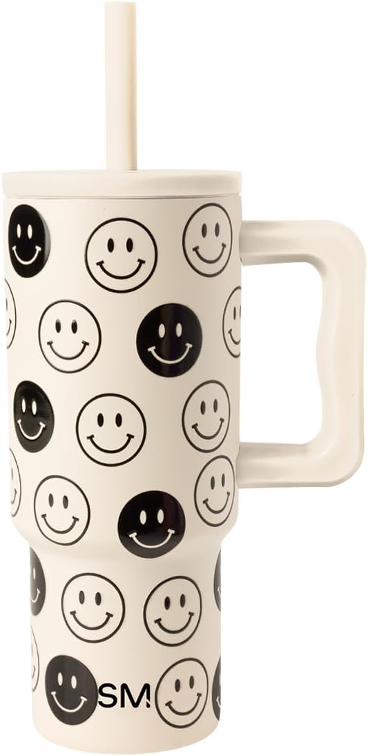 Simple Modern Kids 24 oz Tumbler with Handle and Silicone Straw Lid | Spill Proof and Leak Resistant | Reusable Stainless Steel Bottle | Gift for Kids Boys Girls | Trek Collection | Tan Happy Faces