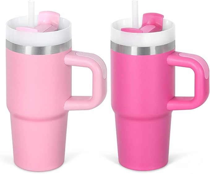 Cosictic 14 Oz Tumbler with Handle and Straw for Kids, Stainless Steel Double Wall Vacuum Insulated Cup for Children, 2 Pack 14 Oz Cups for Kids (Pink and Hot Pink)