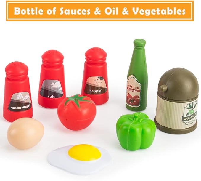 Bruvoalon 32Pcs Kids Play Kitchen Toys Set, Toddlers Pretend Cooking Playset Acccessories with Pots Pans, Utensils Cookware, Foods, Canned Veges, Learning Gift for Kids Girls Boys (Red)