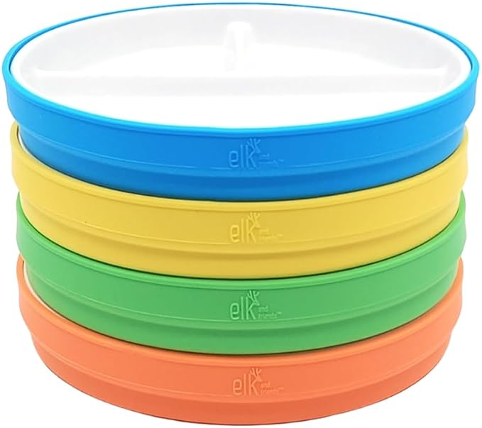 Elk and Friends Kids 7.8” Porcelain White Plates with Silicone Sleeves | Divided Plates | Suitable for Kids/Toddlers | Microwave & Dishwasher Safe | Non Slip | Snack Dishes…