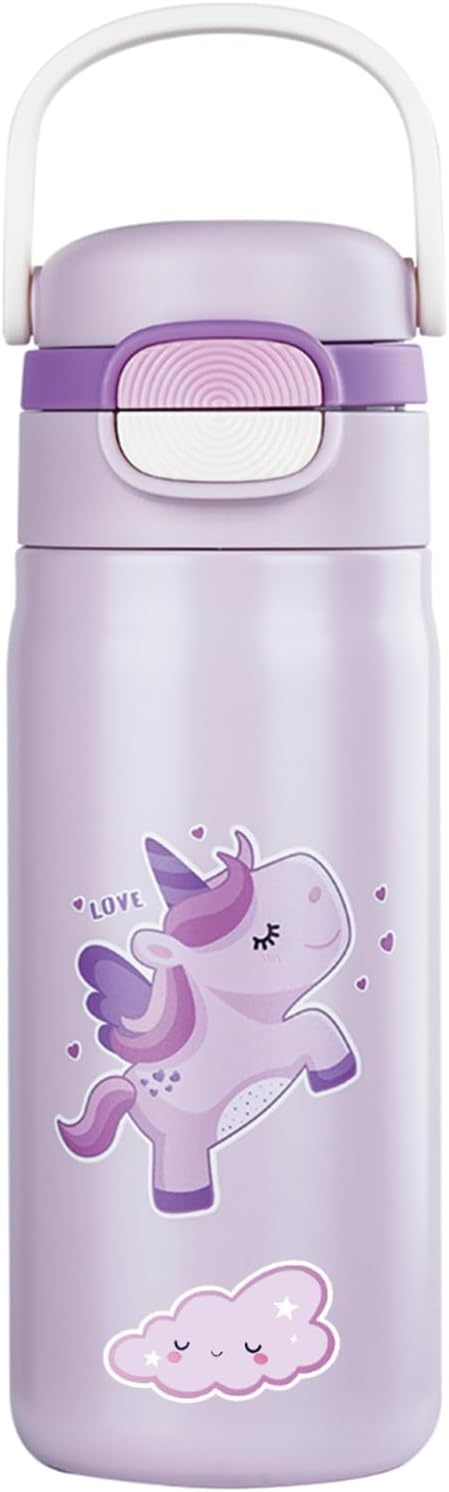 Water Bottle for Kids，Insulated Bottle with Straw, Vacuum Insulated Water Bottle for Boys&Girls, Leak-proof Insulated Tumbler（Purple, Unicorn）