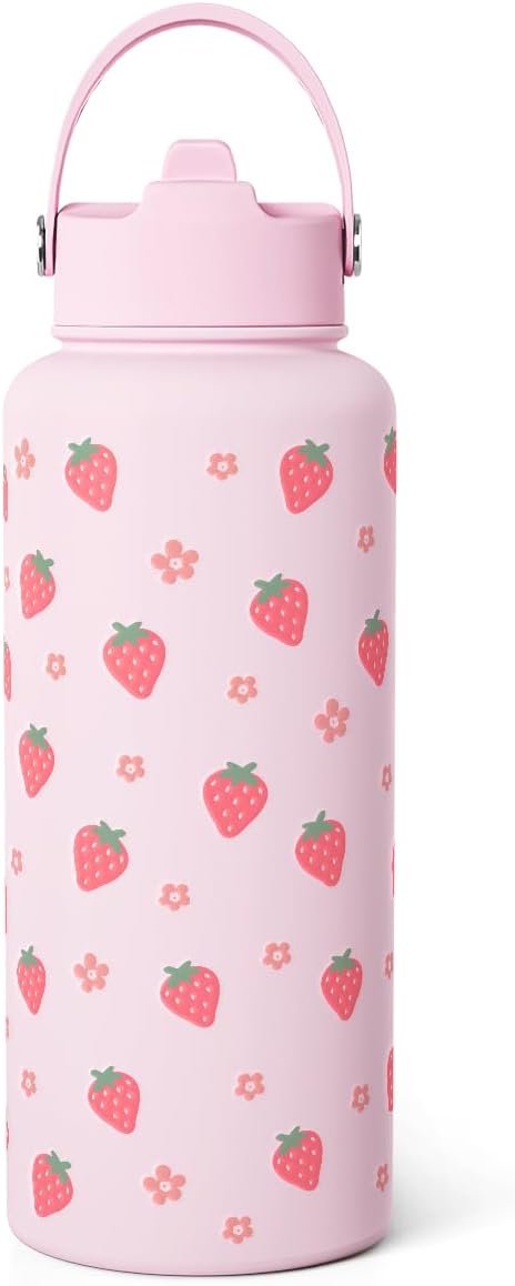 Strawberry Water Bottle 32oz Stainless Steel with Lid & Straw, Insulated Bottles for Women Girls, Gifts Ideas for Birthday Christmas