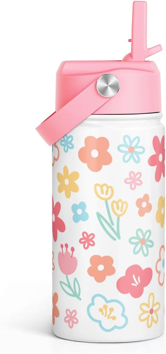 Kids Water Bottle Stainless Steel with Straw Lid, Floral Water Bottle 12oz, Travel Tumbler, Gifts for Girls, Birthday, Christmas, Back To School