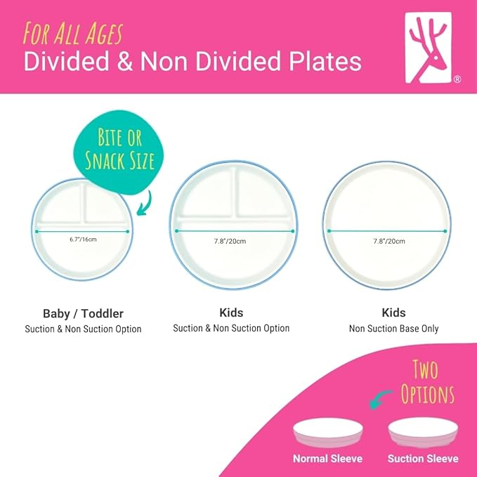 Elk and Friends Kids 7.8” Porcelain White Plates with Silicone Sleeves | Suitable for Babies/Toddlers | Microwave & Dishwasher Safe | Non Slip Dinnerware | Snack Dishes | 2 Pack