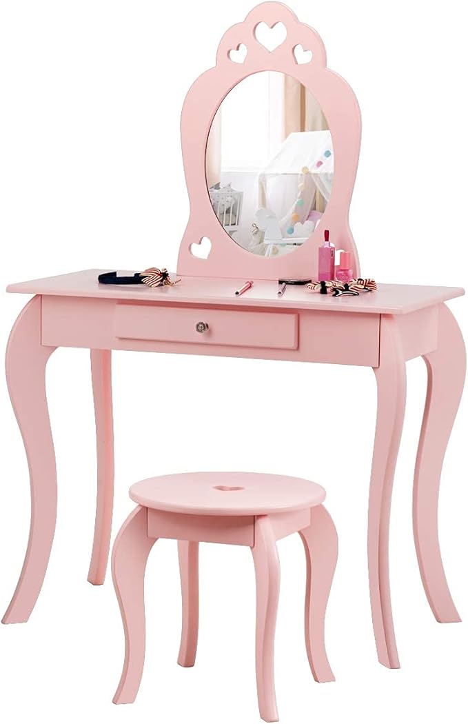 HONEY JOY Kids Vanity Set with Mirror, Toddler Wooden Vanity Table with Stool & Drawer, Removable Top, Princess Pretend Play Beauty Makeup Dressing Table Playset for Little Girls(Pink)