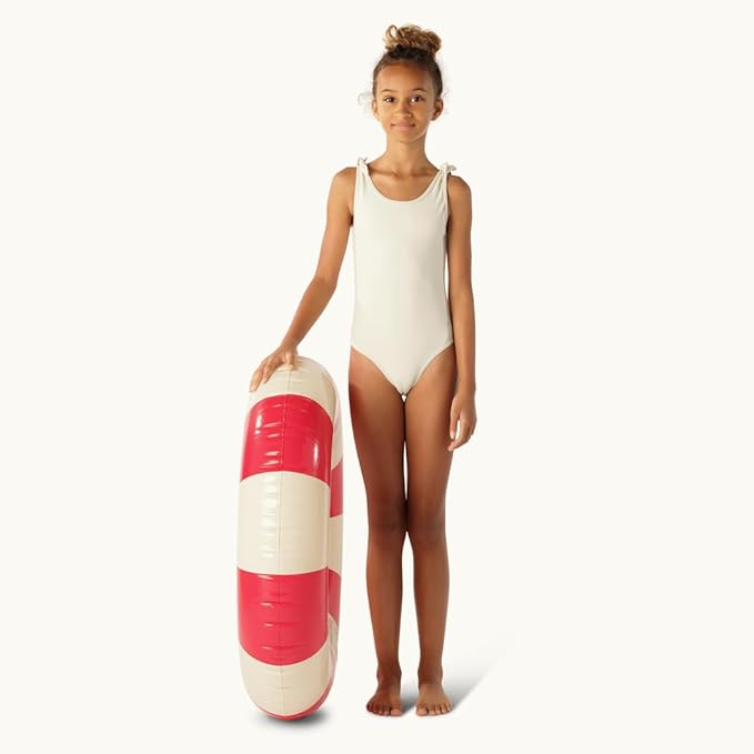 Petites-Pommes Pool Inflatables for Kids - Durable Inner Tube, Handprinted Classic Striped Design Pool Floats, Soft Comfort Seaming, Packable Floats for Travel, Bright Red, 35 inch