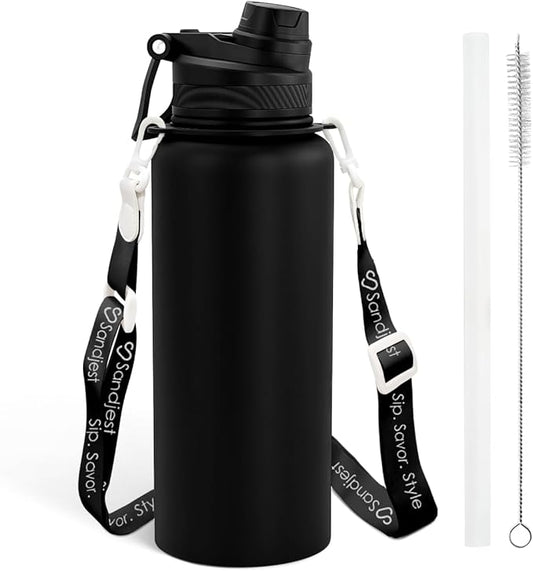 SANDJEST Stainless Steel Water Bottle with Strap 32oz, Insulated Bottles with Straw and Spout Lid for Gym Sports Travel Outdoor, Gifts for Women Girls Birthday Christmas (Black)