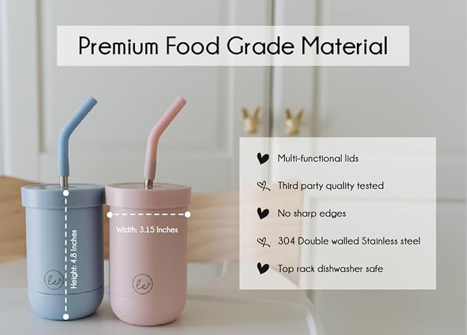 Toddler straw cups spill proof | Set of 2 Stainless steel Baby straw sippy cups for toddlers 3+ year old | Insulated Kids cup tumblers | Best training cups for toddlers 1-3