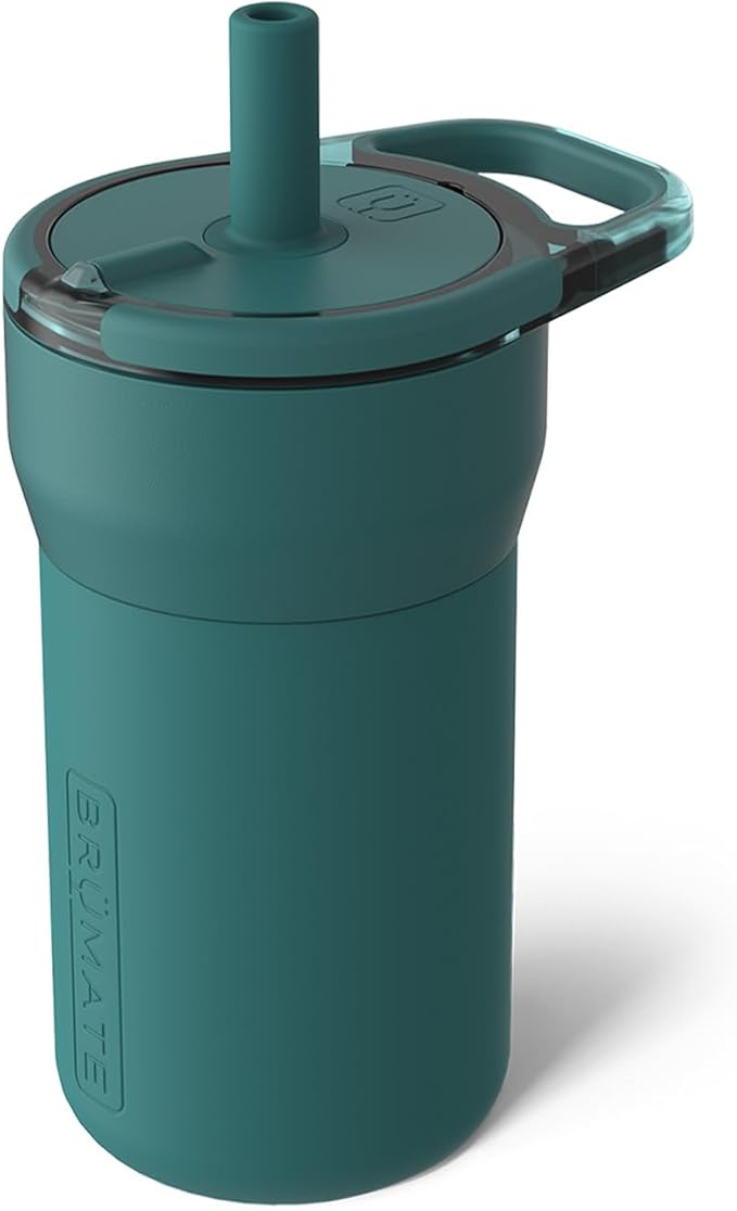 BrüMate Leap 12oz 100% Leakproof Kids Tumbler with Handle and Silicone Soft Straw | Durable Drop Resistant Silicone Sleeve | Made of Insulated Stainless Steel | Cup Holder Friendly | (Juniper)