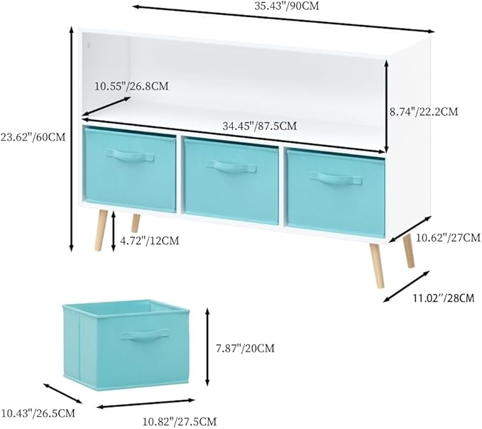 2-Tier Bookcase Bookshelf with Collapsible Fabric Drawers,Cute Book Display Storage Cabinet Organizer for Playroom Livingroom (White+Blue)
