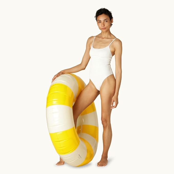 Petites-Pommes Water Floats for Adults - Durable Inner Tube, Handprinted Classic Striped Design Pool Float, Soft Comfort Seaming, Packable Floats for Travel, Yellow, 47 inch