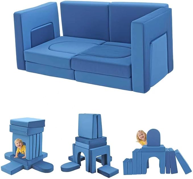 12Pcs Modular Kids Play Couch Multifunctional Foam Toddler Sofa Convertible Kids Sofa Playroom Bedroom Furniture Floor Foam Explorer Couch with Building Fort Feature for Boys and Girls (blue)