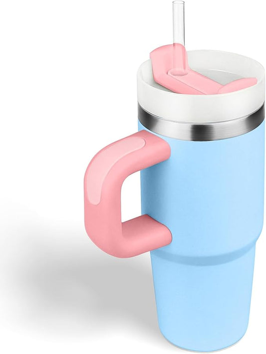 14 oz Tumbler with Handle and Straw, 14oz Toddler Tumbler with Lid and Straw for Kids Stainless Steel Tumblers, Outdoor Sports Travel School Gift, Keeps Drinks Cold up to 24 Hrs(BluePink)