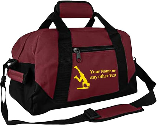 Personalized Passion 14” Small Sports Duffel Bags for Kids - Waterproof Travel Duffle with Name & Gymnastics Design - Maroon Two-Toned Kids Weekender Bag for Boys and Girls