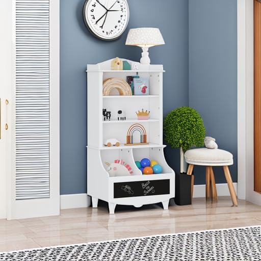 UTEX Wood Open Bookshelf and Toy Storage, Bookcase with Blackboard and Cubbies, Toy Organizer Cabinet, Bookshelves Display Stand for Toddlers, Kids, White