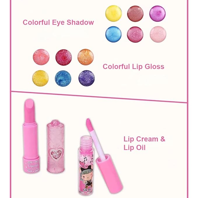 Pongnas Girls Makeup Kit Kids Cosmetics Play Set with 6 Lip Gloss 6 Eye Shadow 6 Cheek Cream 3 Nail Polish Travel Safe Washable Real Makeup for Little Girls