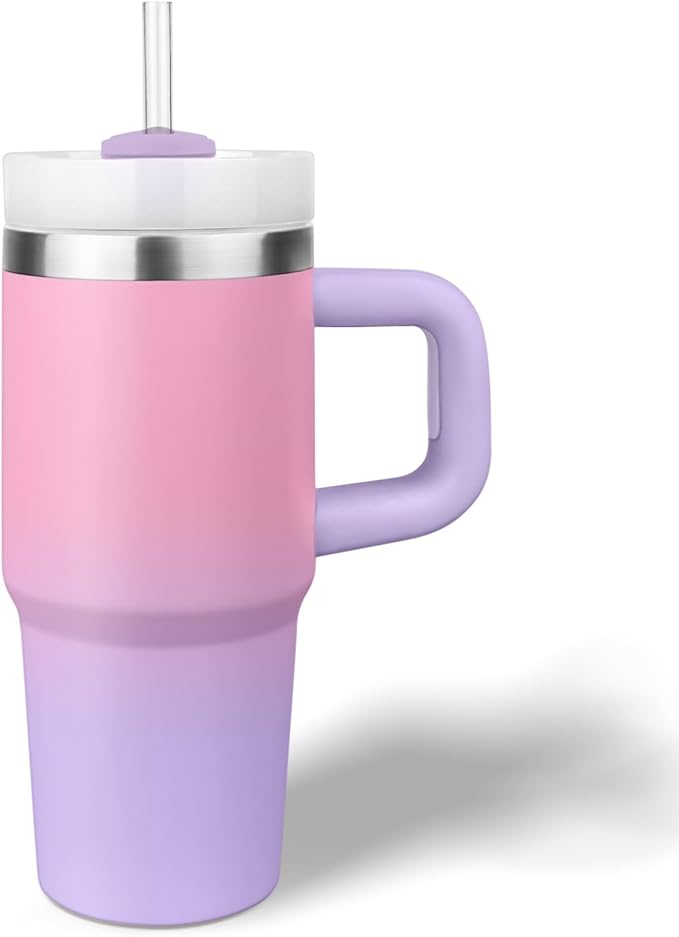 14 oz Tumbler with Handle and Straw, 14oz Toddler Tumbler with Lid and Straw for Kids Stainless Steel Tumblers, Outdoor Sports Travel School Gift, Keeps Drinks Cold (Gradient pinkpurple)