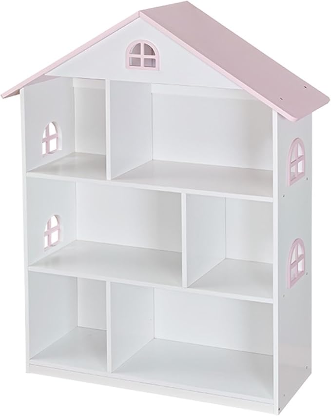 Wooden Dollhouse Bookshelf 4-Tier Kids Bookcase, Toy Storage Organizer & Playhouse with 6 Compartments for Girls Boys, Pink and White Room Furniture for Bedroom Playroom