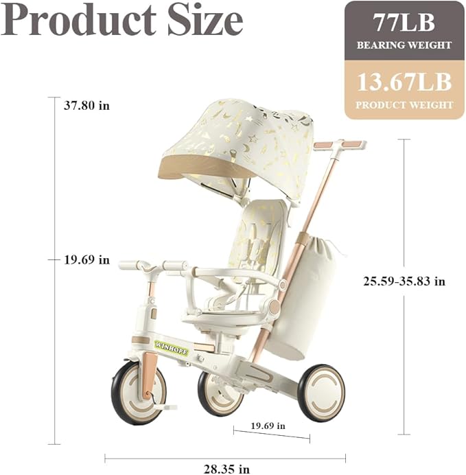 WinHope 9-in-1 Push Tricycle for Toddlers 1-3 Years | Convertible Kids Trike with Adjustable Parent Handle & Safety Harness, Lightweight Foldable Design + Storage Basket for Boys & Girls (White)