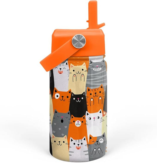 Cat Water Bottle - Kids Water Bottle with Straw Lid - 12 Oz Insulated Stainless Steel Water Bottles for Kid Boys Girl - Travel Cup for School Sports
