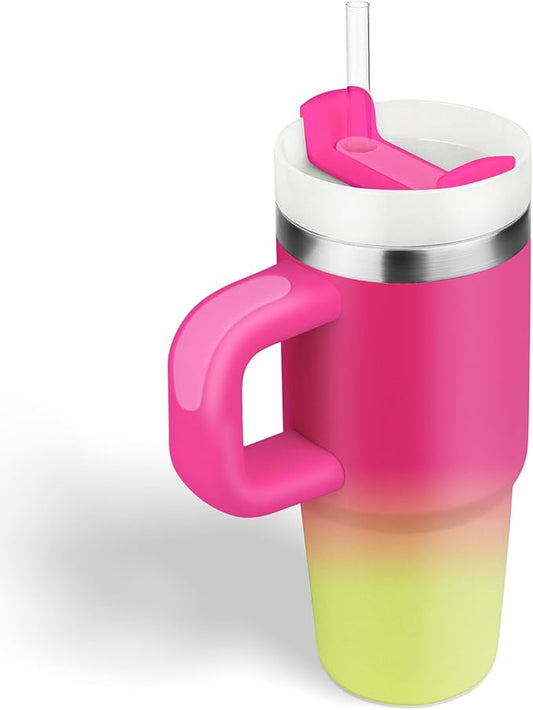 14 oz Tumbler with Handle and Straw, 14oz Toddler Tumbler with Lid and Straw for Kids Stainless Steel Tumblers, Outdoor Sports Travel School Gift, Keeps Drinks Cold (Gradient barbiegreen)